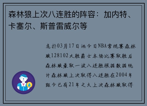 森林狼上次八连胜的阵容：加内特、卡塞尔、斯普雷威尔等